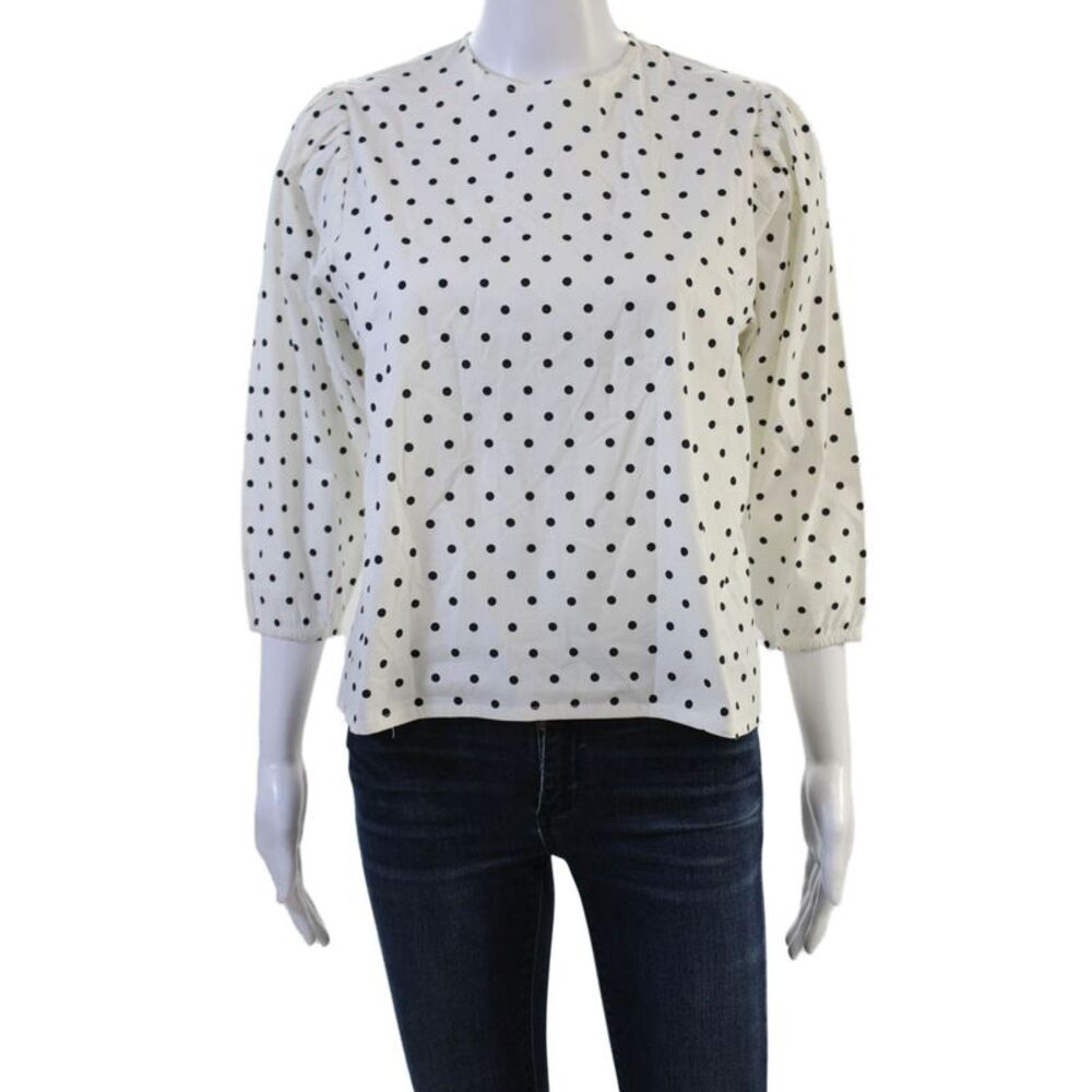 Designer Women White Polka Dot Crew Neck 3/4 Sleeve Zip Basic Blouse Size 18